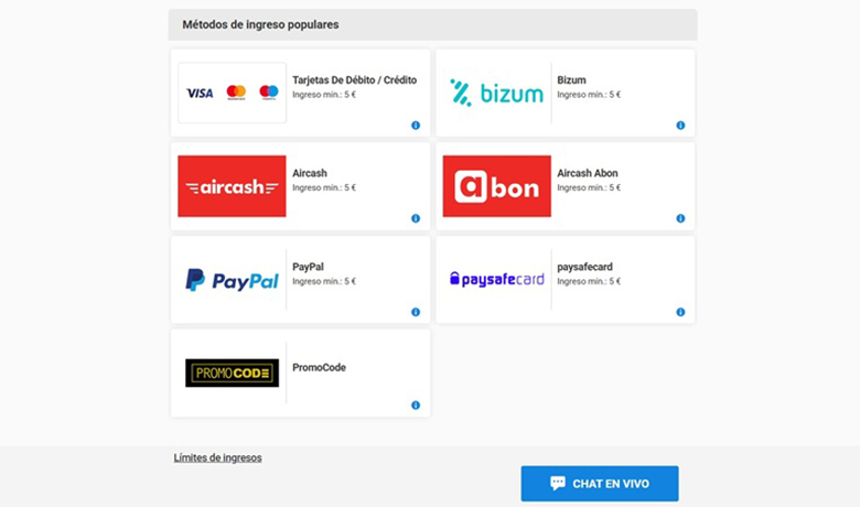 Casa de apuestas con Bizum mostrando todos los métodos de pago disponibles.