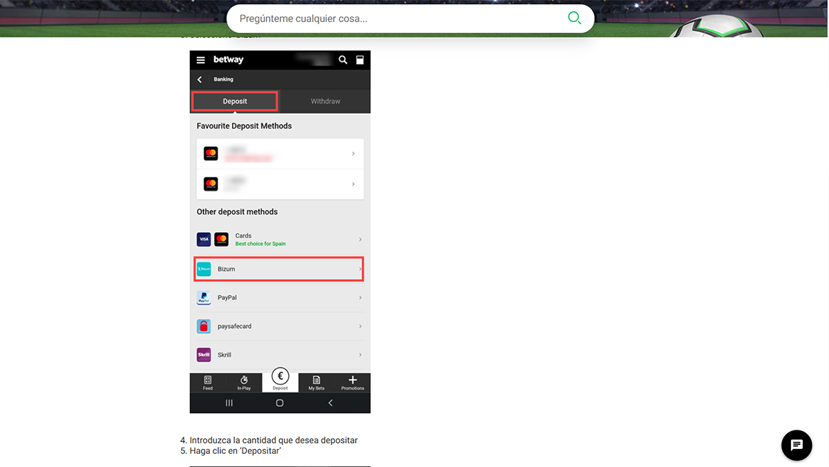 Casa de apuestas Betway escogiendo Bizum como método de pago