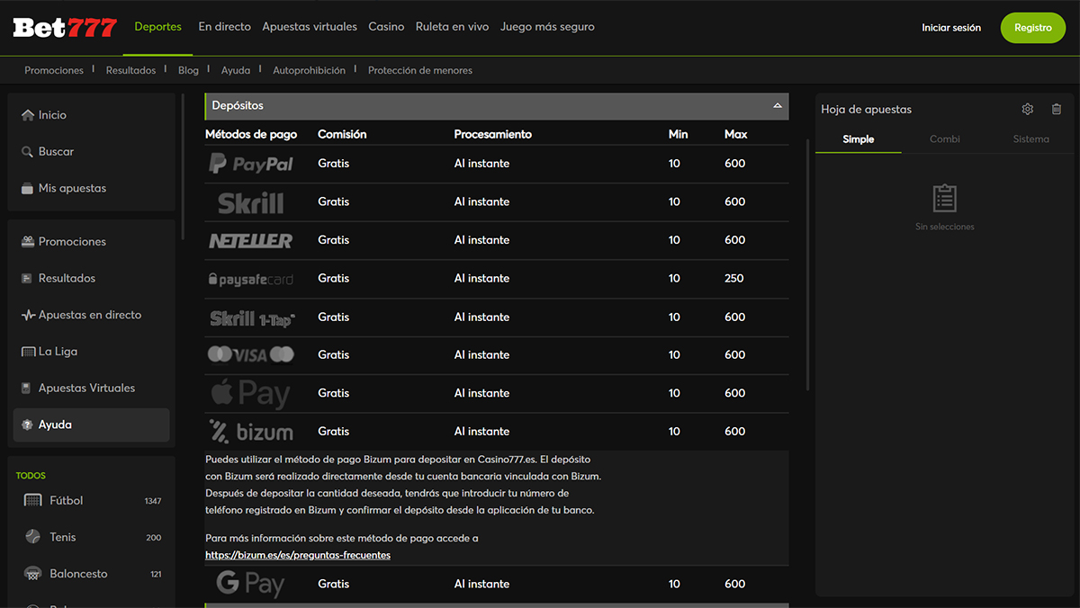 Captura de pantalla de la página de Bet777