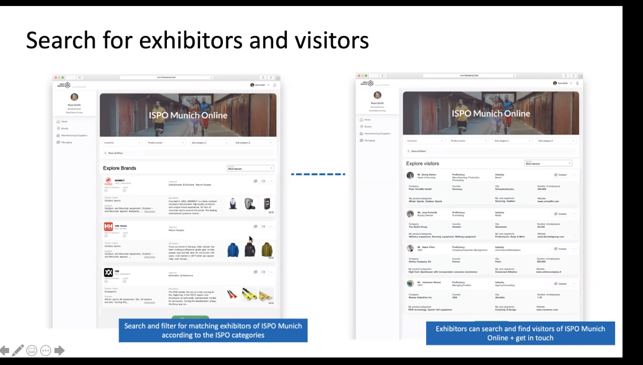ISPO Munich Online: Screenshot der Suche für Aussteller und Besucher auf der Plattform ISPO Munich Online: Screenshot der Suche für Aussteller und Besucher auf der Plattform