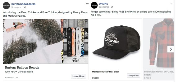 Facebook product advertisements from Burton and Dakine