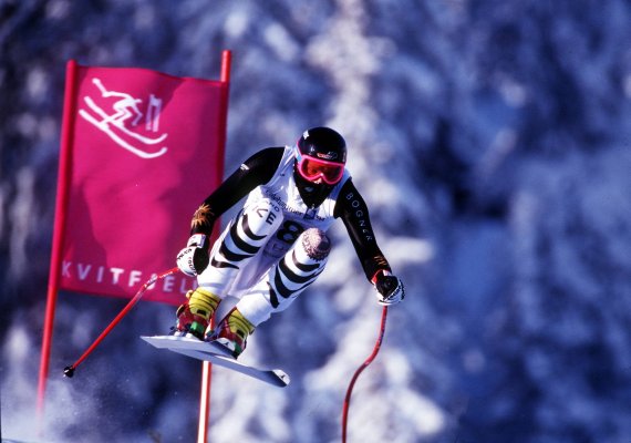 Markus Wasmeier bei seiner Gold-Fahrt im Super G, Olympische Spiele 1994 in Lillehammer.