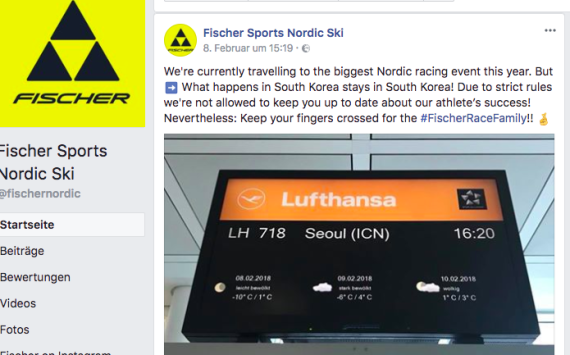 Fischer posts on facebook, that the brand is not allowed to report from the Olympics, but that they want everybody to keep their fingers crossed for their athletes.