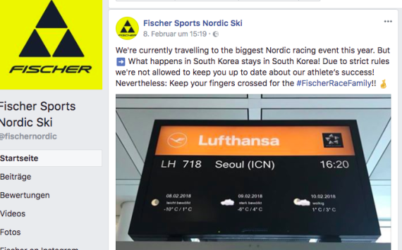 Source: Facebook / @fischernordic Fischer posts on facebook, that the brand is not allowed to report from the Olympics, but that they want everybody to keep their fingers crossed for their athletes.
