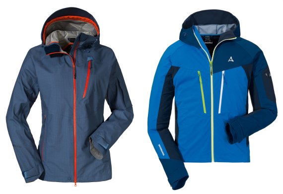 Dreilagige, federleichte Skitourenjacken von Schöffel mit vielen praktischen Features: 3L Annapolis Jacket für Damen (l.) und 3L Val D’Isère Jacket für Herren (re.)