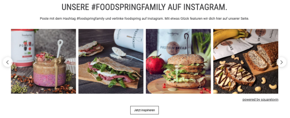 Foodspring präsentiert in einer Galerie den User-Generated Content auf seiner Homepage. Foodspring präsentiert in einer Galerie den User-Generated Content auf seiner Homepage.