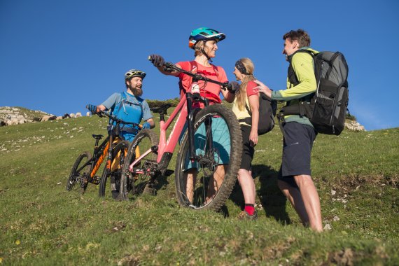 Gruppe von Fahrradfahrern auf der Wiese