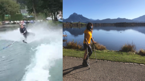 Annbell Müller beim Wassersport (links) und mit Krücken (rechts)