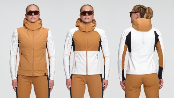 112124_Sportswear-Jacke RAW 6.0 WMN von Dæhlie_Header Drei Bilder einer Frau in einer Jacke