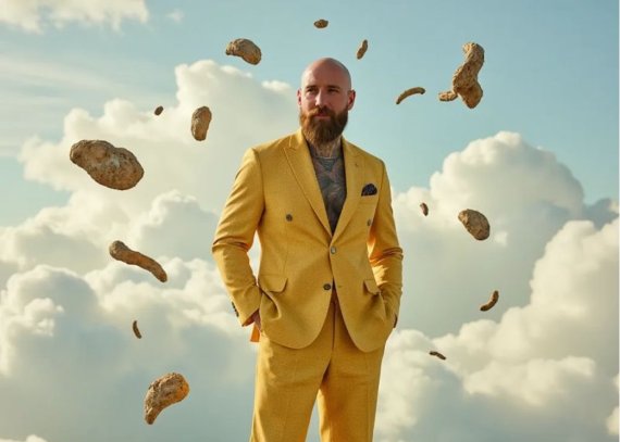 Dominic von Proeck, Gründer von Leaders of AI, im gelben Anzug vor KI-Hintergrund.