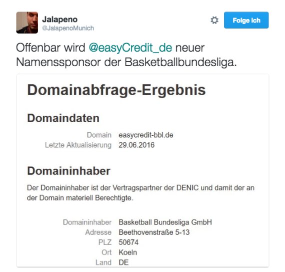 Eine Domainabfrage des Bloggers Johannes Irmer ergibt: easyCredit wird wohl Namenssponsor der BBL.