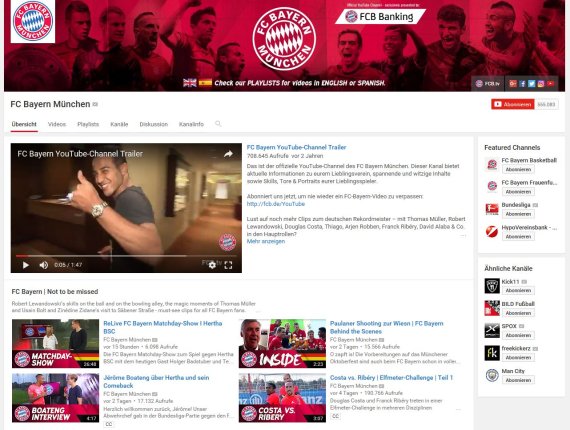 Der YouTube-Kanal dews FC Bayern München – mit über 550.000 Abonnenten und 110.602.932 Video-Aufrufe.