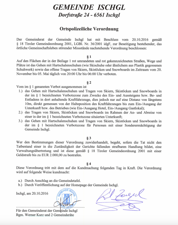 Auszug aus der Verordnung, die der Gemeinderat Ischgl beschlossen hat.
