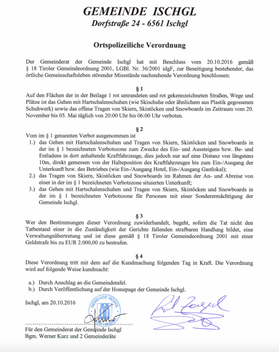 mb-Ischgl-Schuhverbot Auszug aus der Verordnung, die der Gemeinderat Ischgl beschlossen hat.