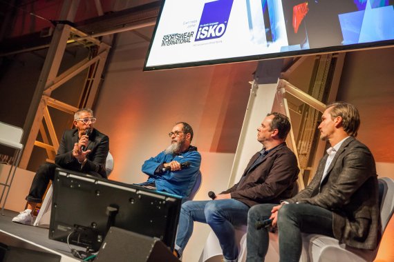 mb-hefter-bei-isko-jeans Discussing at the round table (from right): Markus Hefter, ISPO exhibition Group Director; Dirk Lehmann, Publishing Director & Sales Director Sportswear International; François Girbaud, founder and owner of Marithé + François Girbaud; Marco Lucietti, Global Marketing Director SANKO/ISKOTM division.