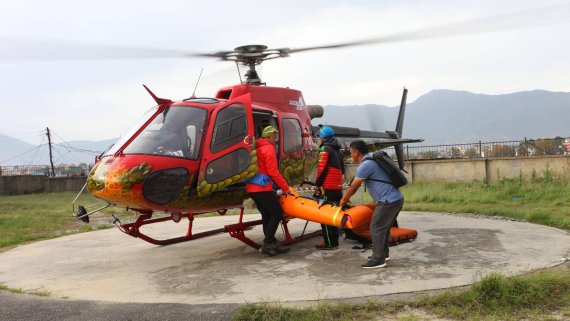 A helicopter brings the remains of Ueli Steck to Kathmandu.