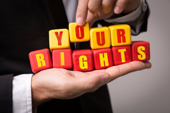 Auf Bausteinen, die ein Mann auf seiner rechten Hand hält, steht "Your Rights"