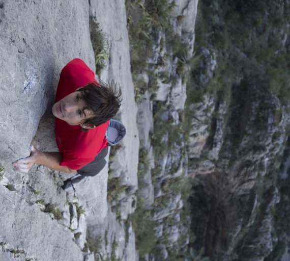 Alex Honnold stands for climbing free solo. 