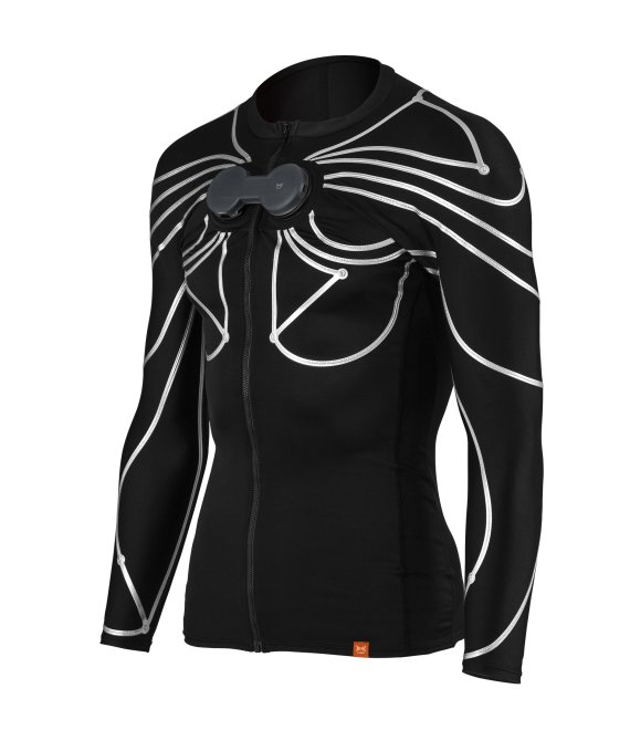 Xenoma's e-skin smart apparel has 14-sensors that enable the wearer to monitor motion, breathing, pressure, body temperature and more. Xenoma's e-skin smart apparel has 14-sensors that enable the wearer to monitor motion, breathing, pressure, body temperature and more.