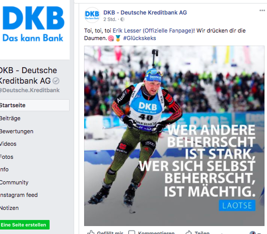 Quelle: Facebook / @Deutsche.Kreditbank Die deutsche Kreditbank postet auf Facebook Sinnsprüche mit ihren Athleten, das ist im Rahmen des Erlaubten.