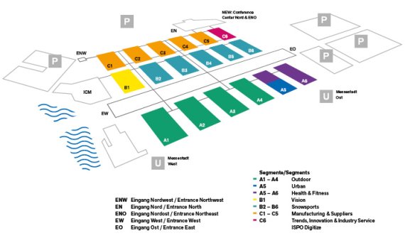 Hallenplan der ISPO Munich 2019 mit Eingängen und Parkplätzen