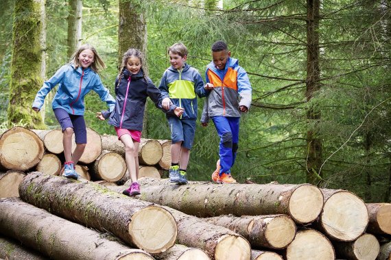 Kinder balancieren beim Sport über Baumstämme Kinder balancieren beim Sport über Baumstämme