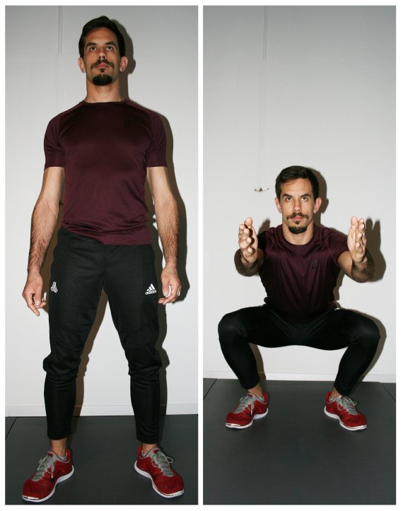 HIIT Übungen: Squat Trainer macht einen Squat