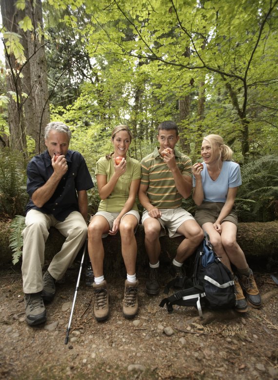 mb-151120-ThinkstockPhotos-200453523-001 Vier Wanderer machen Pause und Essen jeweils einen Apfel.