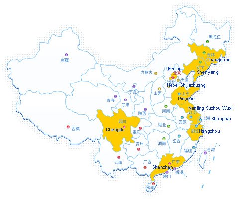 mb-Sanfo_2 Landkarte von China mit den Regionen, in denen Sanfo ansässig ist,