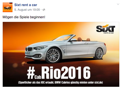 mb-Sixt-1 So wirbt Sixt mit seinem Rio-Hashtag auf Facebook.
