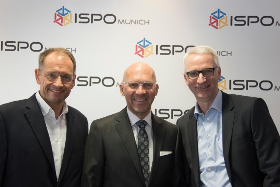 mb-en-170201-ISPO-Munich- Participants at the main press conference of ISPO MUNICH 2017: Kim Roether, chief of executive board at Intersport, Klaus Dittrich, chairman of the management of Messe München and Roland Auschel, member of the management board of Adidas Group.