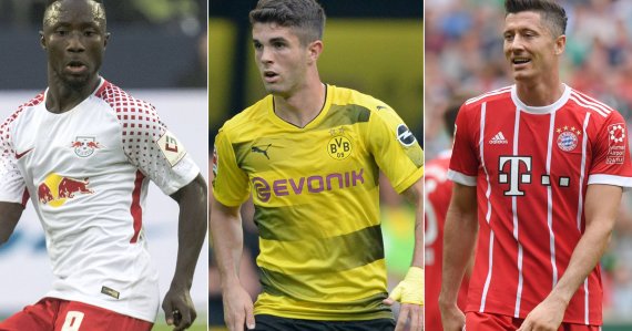 mb-170829-sponsoren Mit Trikotsponsoring verdienen die Bundesliga-Vereine viel Geld, vor allem Top-Vereine wie FC Bayern (r.) und Dortmund (M.). Der Wert der Werbung auf dem Trikots von RB Leipzig lässt sich nur schwer berechnen.