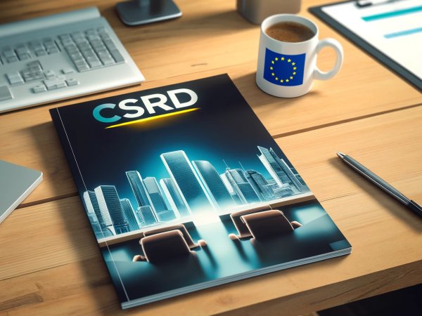A CSRD report is lying on a SChreib table.