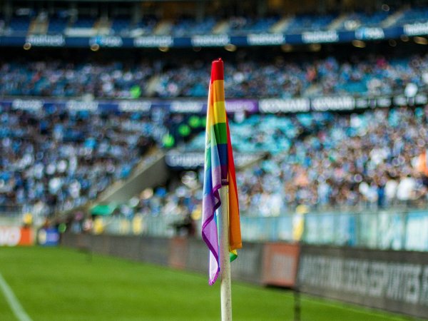 Rainbow flag as corner flag in soccer stadium