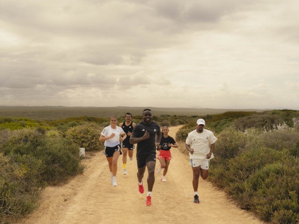 Eine Gruppe an Läufern joggt durch die Natur.