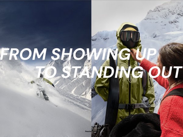 Zwei Bilder. Auf dem linken Bild ein Snowboardfahrer in grüner Jacke. Auf der rechren Seite eine Outdoor-interessierte Frau, die sich disselbe Jacke auf der ISPO 2024 anschaut.