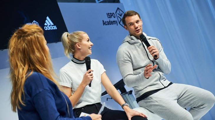 At the Adidas Symposium Manuel Neuer and Lena Gercke speak with moderator Isabella Müller-Reinhardt. At the Adidas Symposium Manuel Neuer and Lena Gercke speak with moderator Isabella Müller-Reinhardt.
