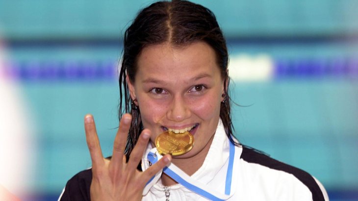 Franziska van Almsick bei der Schwimm-EM 2002 in Athen. Franziska van Almsick bei der Schwimm-EM 2002 in Athen.