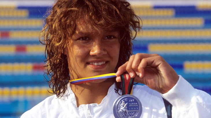 Franziska van Almsick gewinnt Silber bei Olympia 1992 in Barcelona.
