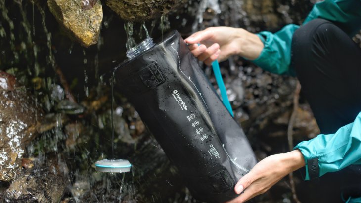 The HydraPak water container holds approx. 2.1 gallons and can be folded to a quarter of its overall size if necessary. 