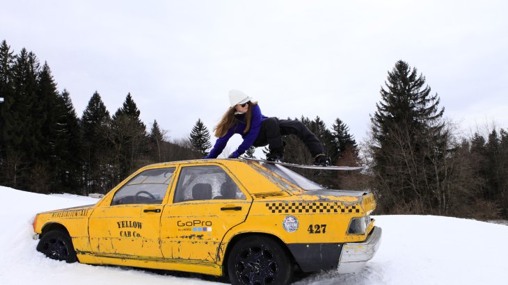 Credit: Snowpark Nesselwang The Street-Park in Nesselwang offers a real big city feeling with an old American taxi on the way down. Or a police station. The park was designed by the Schneestern Crew together with Red Bull.