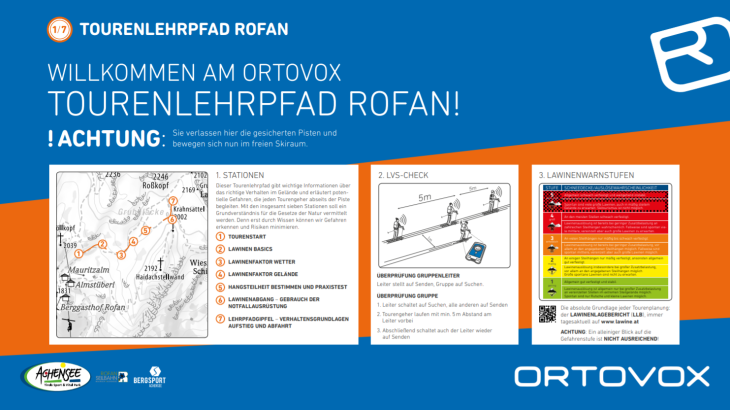 Credit: Ortovox Ein Beispiel ist der Ortovox Skitourenlehrpfad im Rofan. Insgesamt sieben Schautafeln geben Tourengehern wichtige Hinweise etwa über die Lawinensicherheit oder die Funktionsweise des Lawinenverschüttetensuchgeräts.