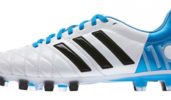 Blue and white Adidas adipure football boot. 
