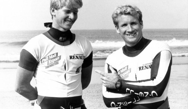 Robby Naish (rechts) und Björn Dunkerbeck beim Windsurf World Cup 1988 auf Sylt.