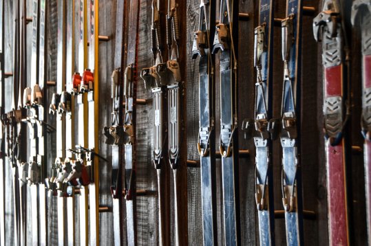 A selection of vintage skis and bindings