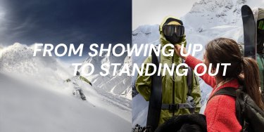 Two pictures. On the left, a snowboarder in a green jacket. On the right, a woman interested in the outdoors looking at the same jacket at ISPO 2024.