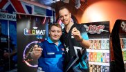 Darts players Max Hopp and Martin Schindler at the Shot Darts booth at ISPO Munich 2020