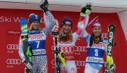 Drei Ski-Stars, drei Ski-Marken: Die derzeit verletzte Veronika Velez-Zuzulová (l., Salomon), Mikaela Shiffrin (Atomic) und Wendy Holdener (r., Head) gemeinsam.