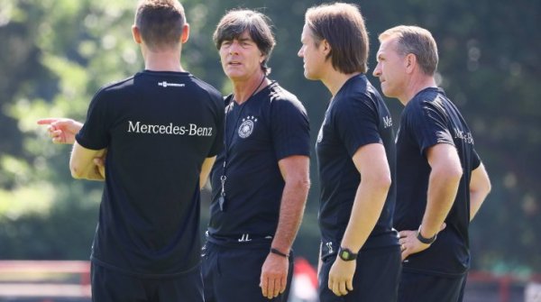 German national coach Joachim Löw (2nd from left) talking to parts of his coaching staff