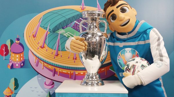 UEFA EURO 2020 Mascot Skillzy with trophy